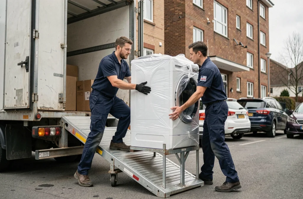 Deux déménageurs chargeant un lave-linge protégé sur un diable dans un camion de déménagement