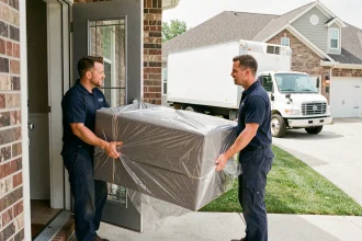 Deux déménageurs professionnels en uniforme portant un canapé emballé hors d'une maison résidentielle vers un camion de déménagement