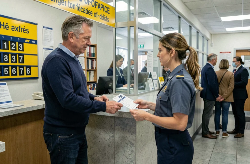 Homme déposant un formulaire de réexpédition de courrier au guichet de La Poste lors d'un déménagement