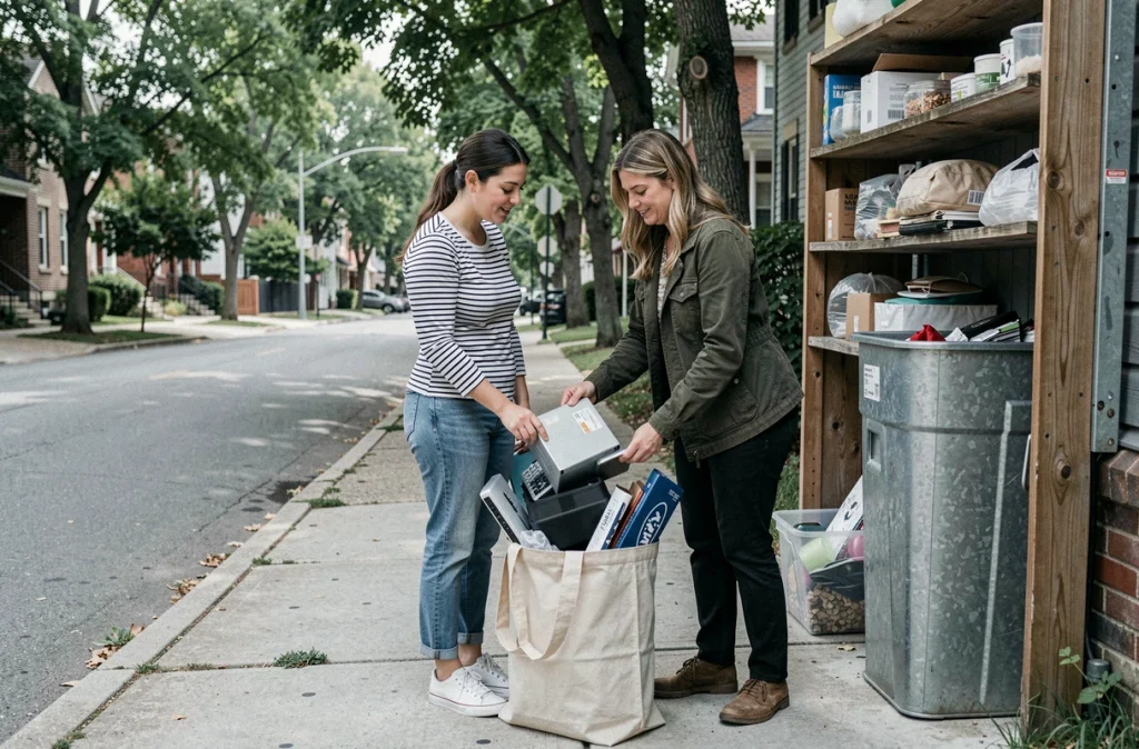 Deux femmes déposant des objets et appareils électroniques dans un point de collecte de quartier avant un déménagement