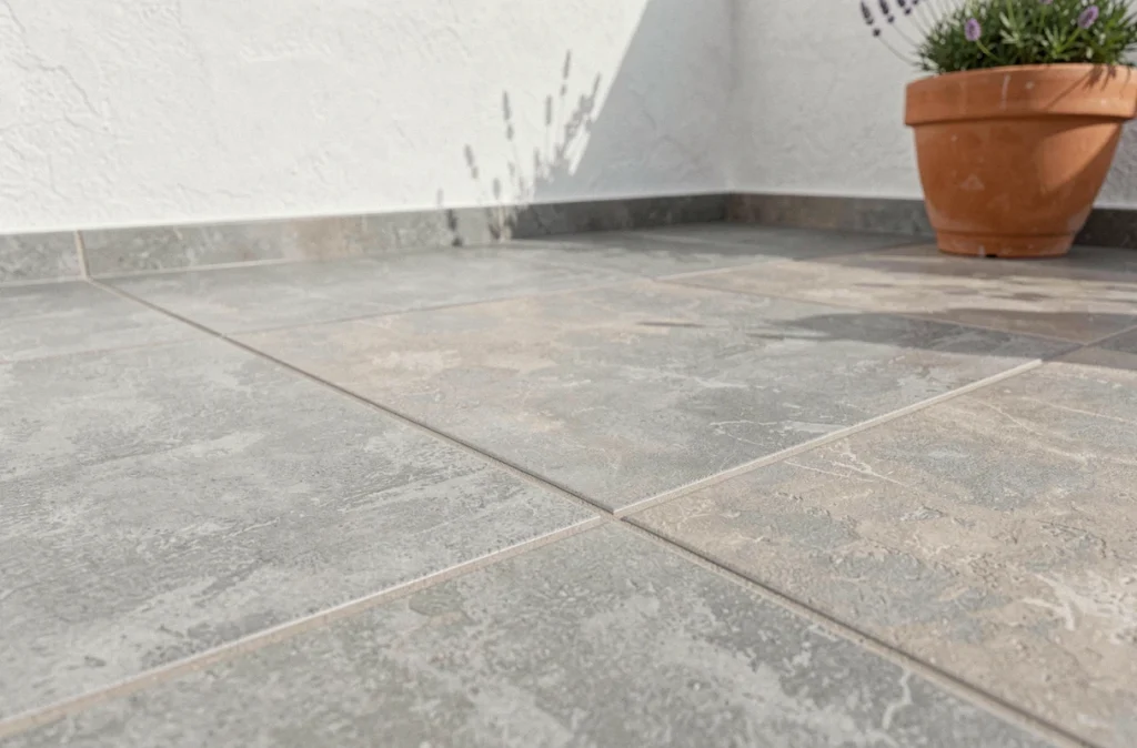 Gros plan sur carrelage en grès cérame effet béton pour terrasse extérieure, pose soignée avec joints fins sur patio méditerranéen