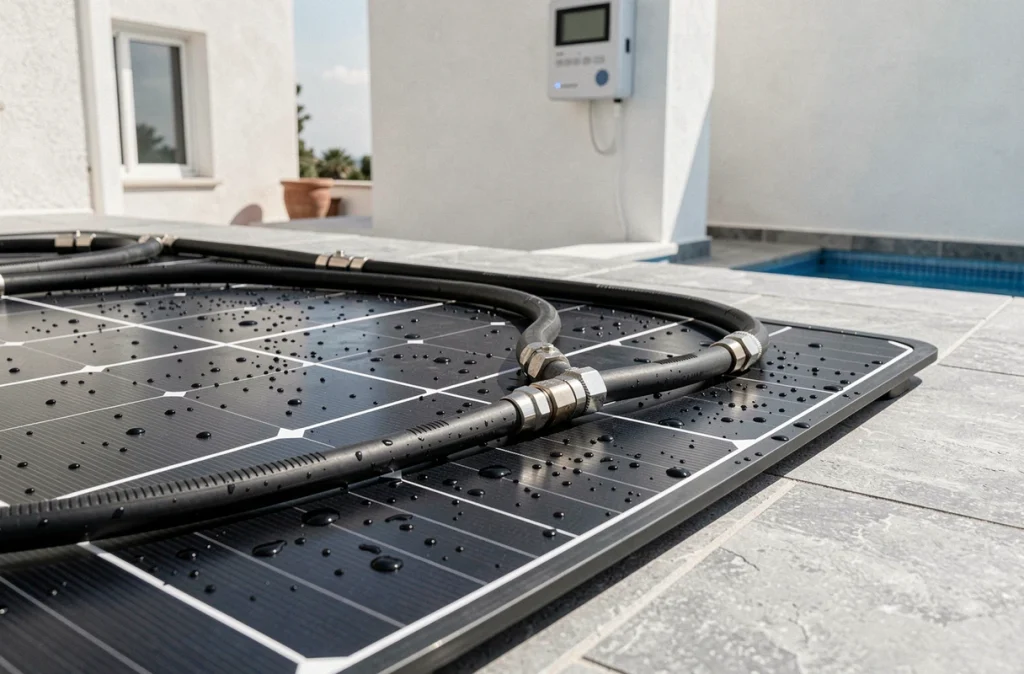 Détail des matelas solaires thermiques noirs installés sur une terrasse pour le chauffage d'une piscine
