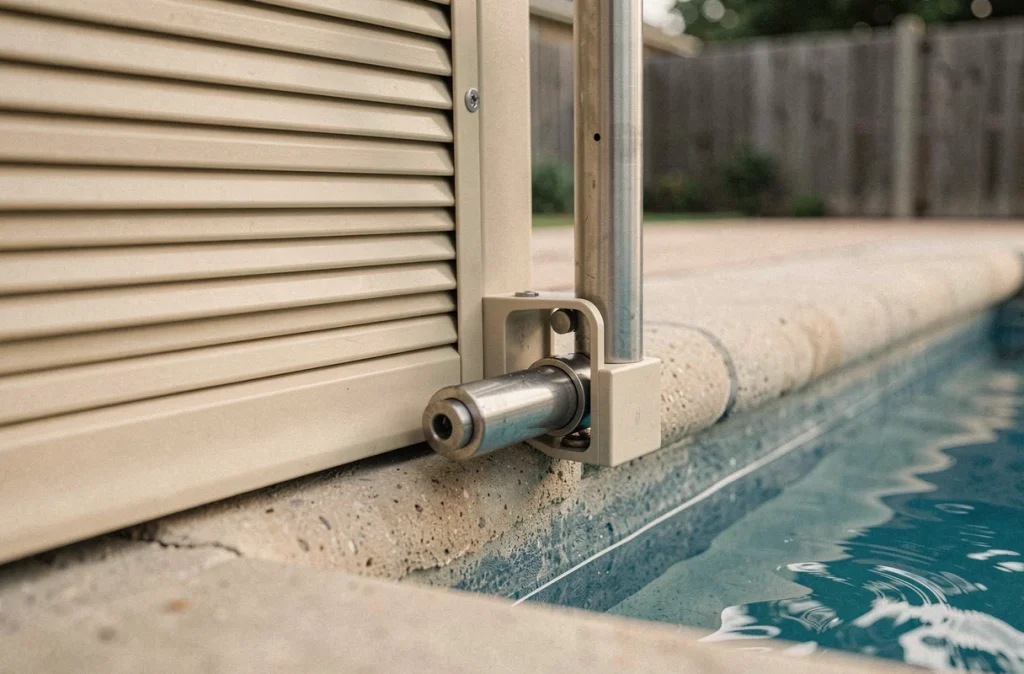 Détail des lames d'un volet roulant de piscine en PVC beige avec mécanisme en acier inoxydable