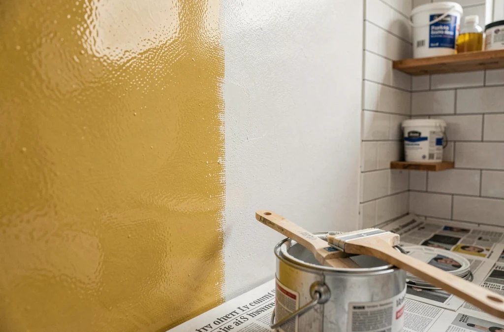 Gros plan sur la transition entre un mur glycéro jauni et une couche de peinture blanche mate appliquée sans ponçage sur un mur de salle de bain