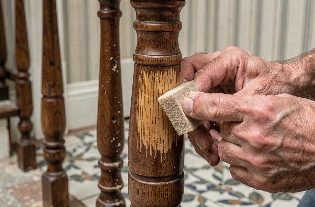 Gros plan sur la restauration d'un newel en bois tourné d'un escalier ancien, bois décapé révélant le chêne naturel