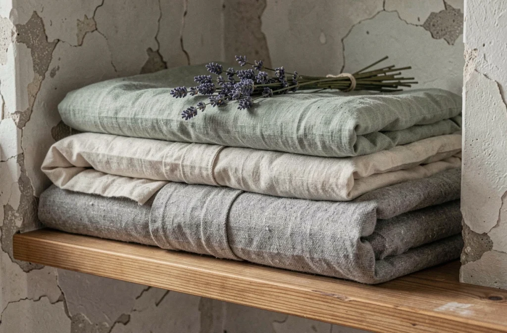 Détail de textiles naturels pliés sur une étagère en bois — lin chanvre, coton bio et laine naturelle en tons neutres et terre