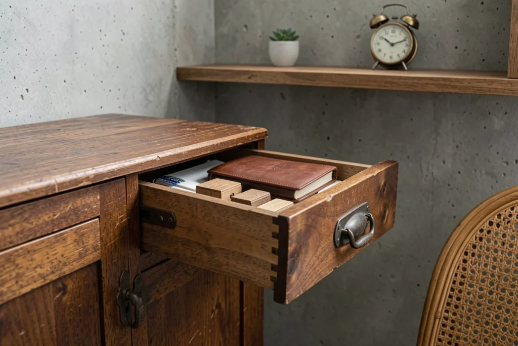 Détail d'un tiroir ouvert d'un meuble vintage en bois de châtaignier avec quincaillerie forgée dans un bureau compact