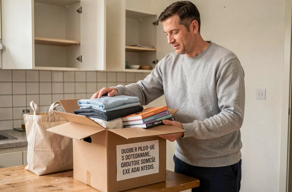 Homme déposant des vêtements et des livres dans une boîte de don avant son déménagement