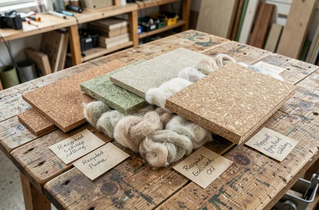 Échantillons de matériaux d'isolation écologiques naturels disposés sur une table en bois, liège laine chanvre cellulose