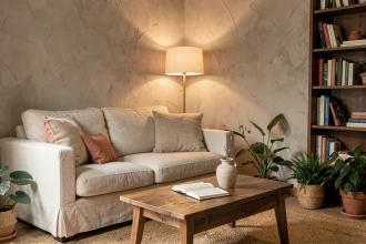 Salon cosy avec éclairage indirect derrière un canapé en lin crème créant une atmosphère apaisante et chaleureuse