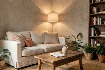 Salon cosy avec éclairage indirect derrière un canapé en lin crème créant une atmosphère apaisante et chaleureuse