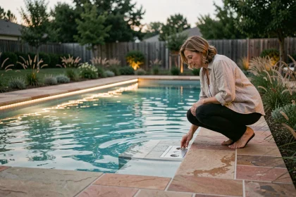Femme examinant les spots LED sous-marins d'une piscine moderne au crépuscule avec éclairage ambiant chaud