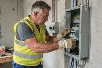 Électricien coupant le disjoncteur principal dans un tableau électrique lors de travaux de rénovation
