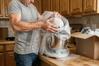 Homme emballant un robot de cuisine dans du papier bulle avant un déménagement