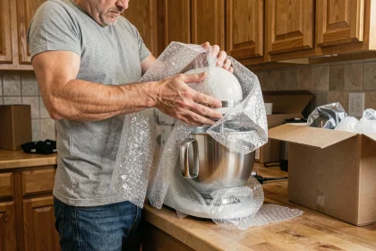 Homme emballant un robot de cuisine dans du papier bulle avant un déménagement