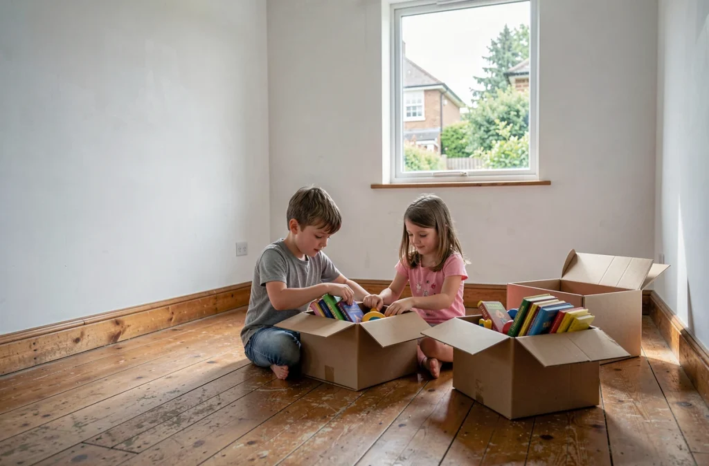 Deux enfants qui rangent leurs affaires dans des cartons dans une chambre vide de leur nouvelle maison