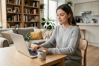 Femme télétravaillant dans un appartement moderne alliant espace de vie et espace de travail, illustrant l'équilibre vie pro et vie perso à domicile