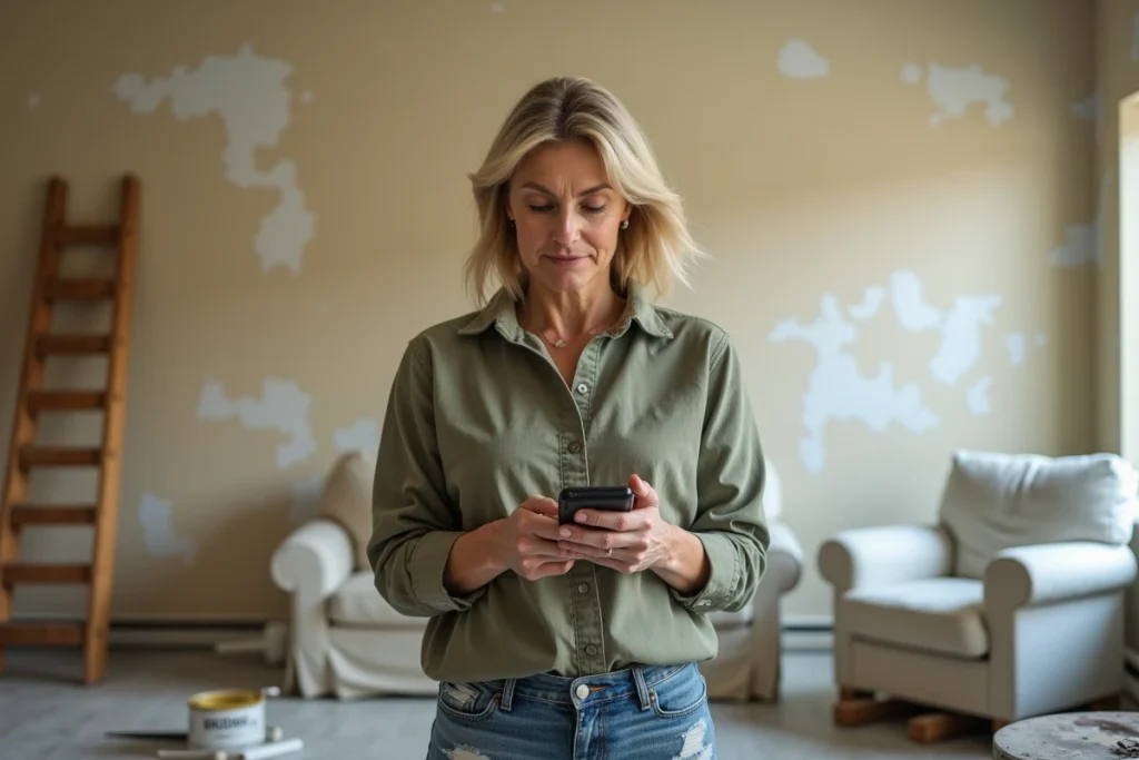 Femme consultant une estimation de prix de peinture sur smartphone dans un appartement en cours de rénovation