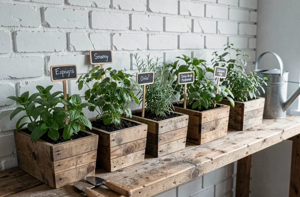 Étagère en bois avec des plants d'herbes aromatiques en pot et des étiquettes en ardoise dans un intérieur maison