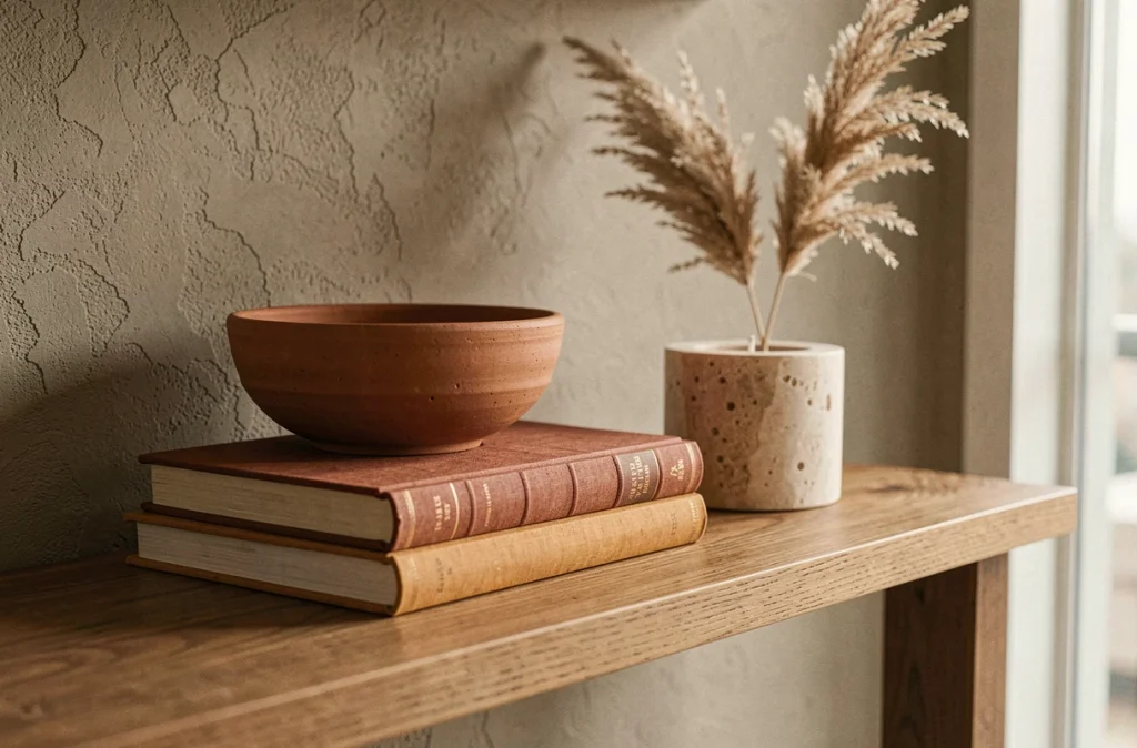 Étagère en chêne décorée d'objets en céramique terracotta, herbes séchées et bougeoir en travertin