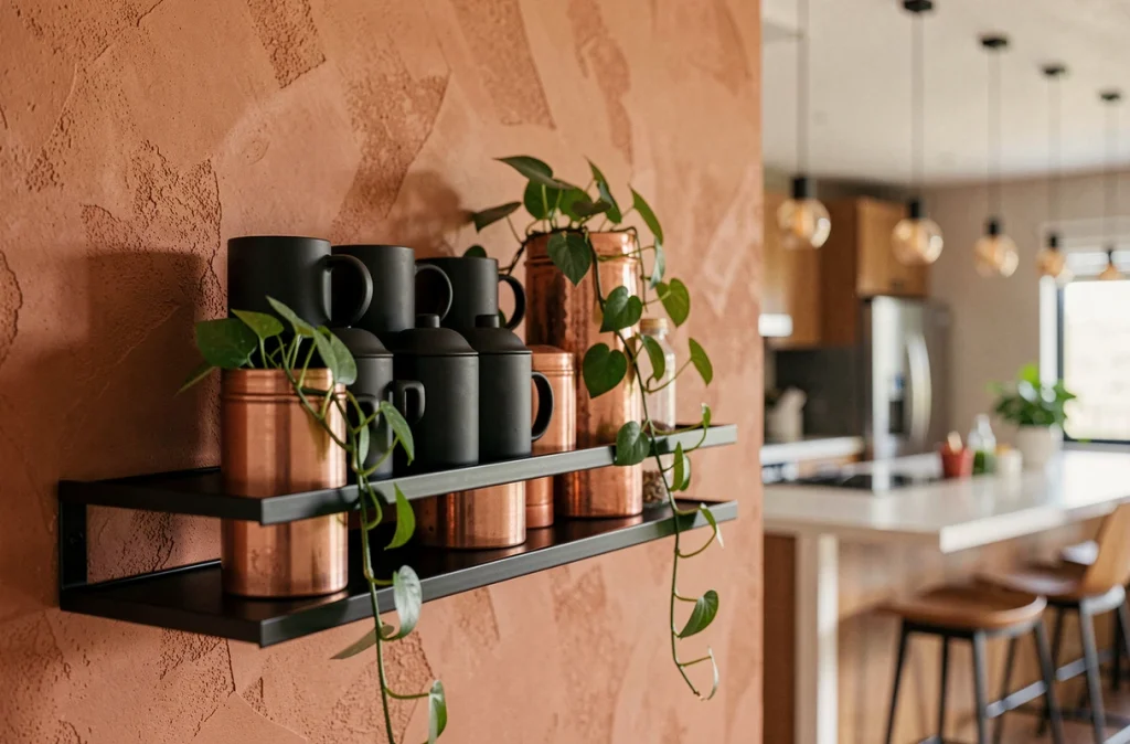 Étagères flottantes en acier noir avec mugs et plantes dans une cuisine contemporaine aux murs terracotta