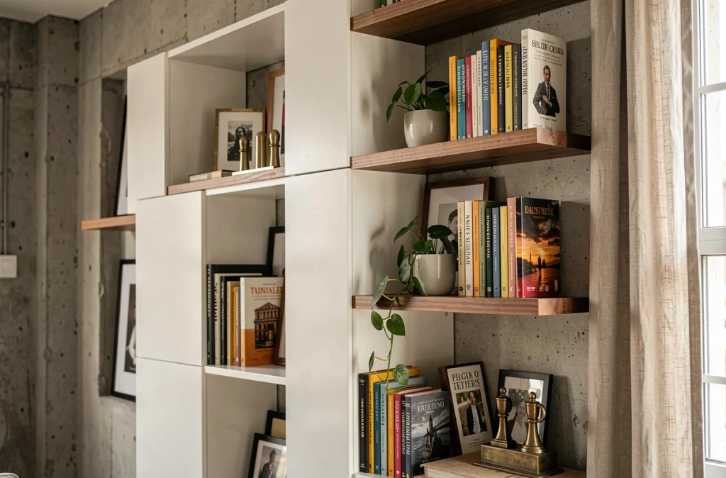 Système d'étagères modulaires murales laquées blanches et noyer dans un appartement urbain avec livres organisés par couleur
