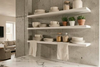 Étagères suspendues en chêne blanc dans une cuisine ouverte moderne avec mur en béton brut et vaisselle céramique