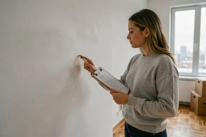 Femme inspectant les murs d'un appartement vide lors d'un état des lieux de sortie avec un clipboard