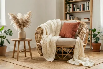 Fauteuil en rotin naturel dans un salon scandinave moderne avec plantes et décoration bohème