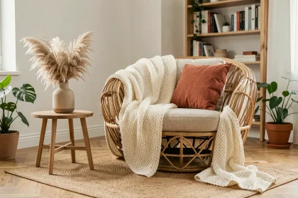 Fauteuil en rotin naturel dans un salon scandinave moderne avec plantes et décoration bohème