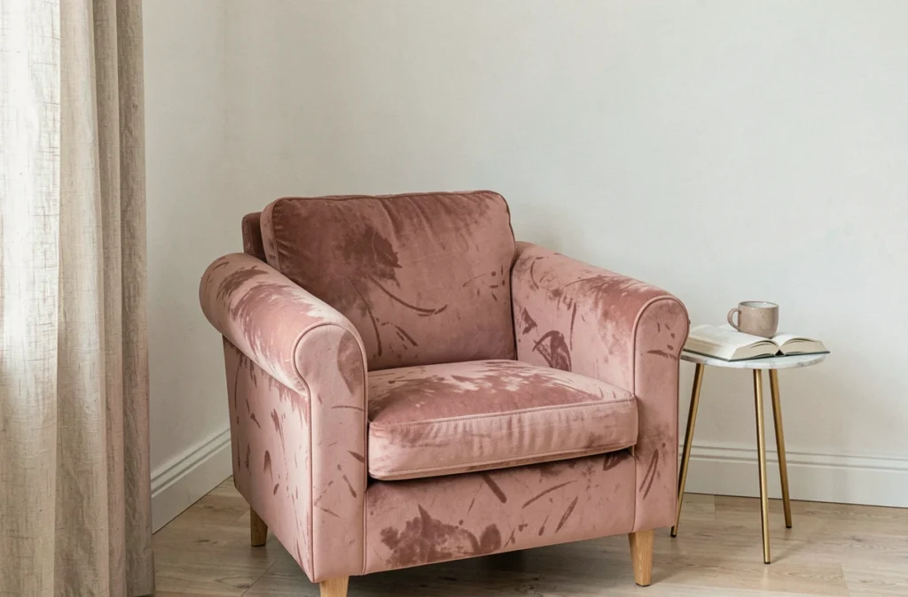 Fauteuil Voltaire restauré en velours rose poudré dans un coin chambre scandinave avec table en marbre et rideau en lin