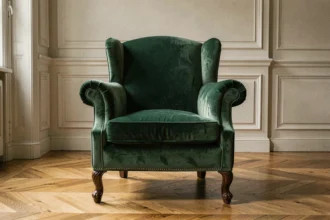 Fauteuil Voltaire rénové en velours vert émeraude dans un salon classique avec parquet et moulures blanches
