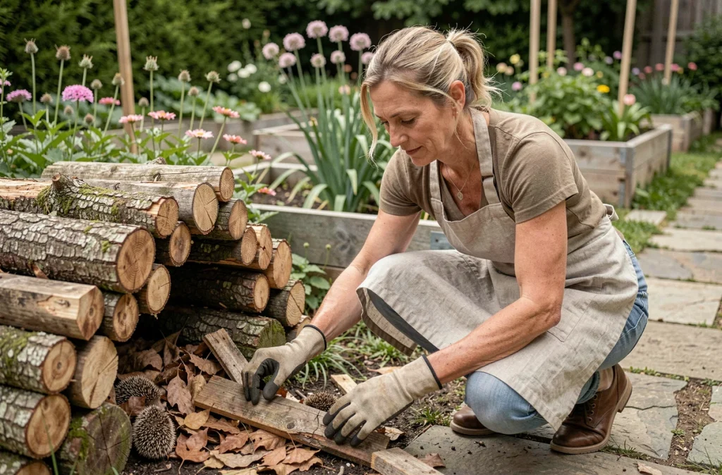 Femme jardinière aménageant un abri en rondins pour accueillir les hérissons et insectes auxiliaires dans un jardin écologique