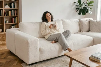 Femme détendue assise dans un canapé modulable en tissu bouclé crème dans un salon scandinave moderne