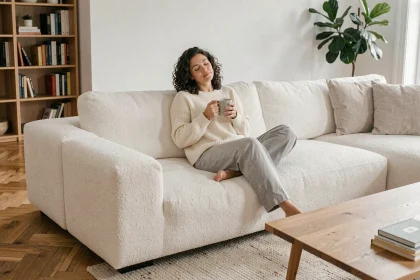 Femme détendue assise dans un canapé modulable en tissu bouclé crème dans un salon scandinave moderne