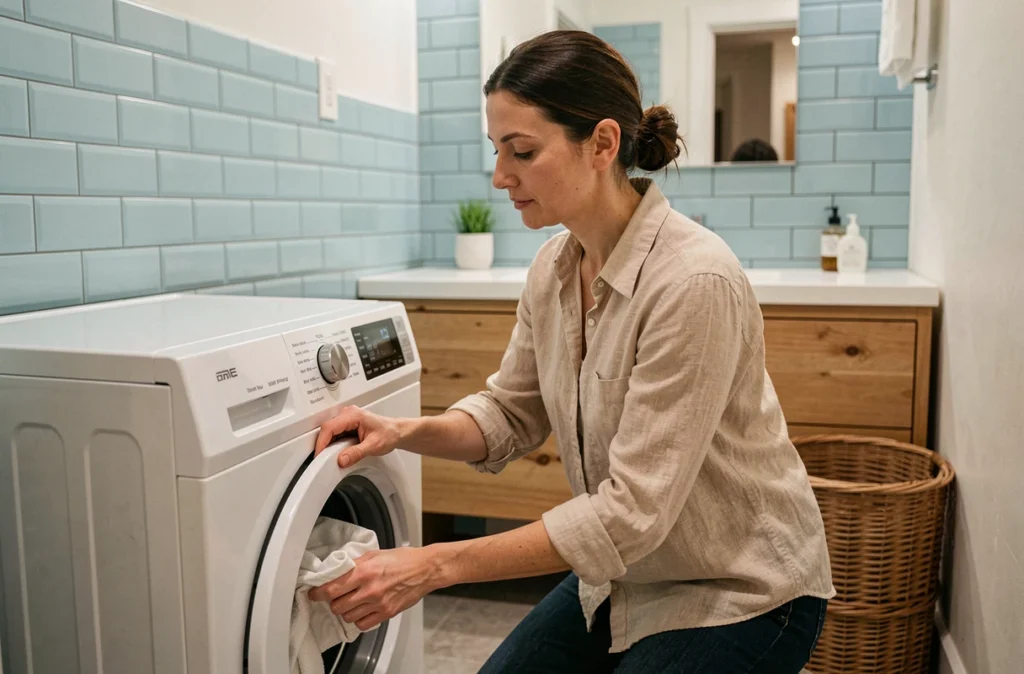 Femme chargeant du linge dans un lave-linge Valberg dans une salle de bain d'appartement moderne