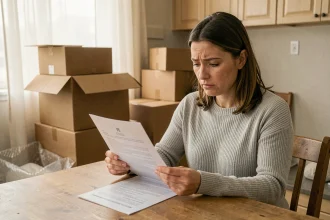 Femme consultant son contrat d'assurance habitation entourée de cartons de déménagement dans un appartement