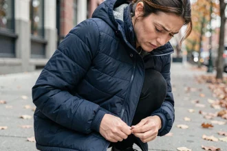 Femme tentant de débloquer une fermeture éclair coincée en bas de sa doudoune bleue marine en extérieur