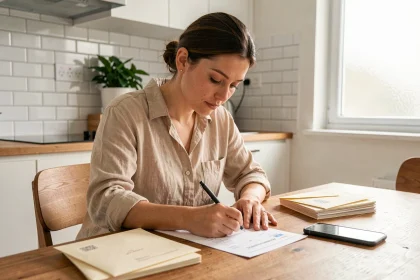 Femme remplissant un formulaire de réexpédition de courrier à domicile après un changement d'adresse