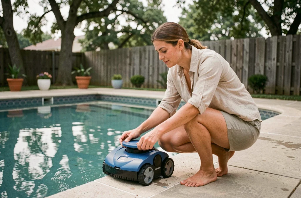Femme installant un robot de nettoyage dans sa piscine familiale lors d'une journée estivale dans son jardin