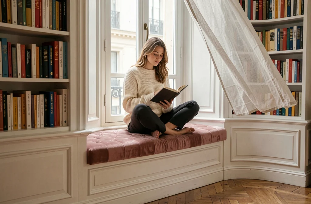 Jeune femme lisant dans un siège de fenêtre rembourré entouré de bibliothèques dans un intérieur haussmannien chaleureux