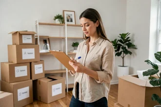 Femme organisant son déménagement avec un presse-papiers dans un salon à moitié emballé entouré de cartons étiquetés