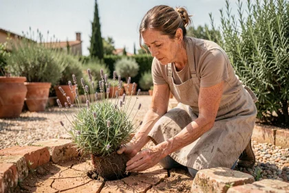Femme plantant de la lavande dans un jardin sec en période de sécheresse, plantes résistantes à la chaleur