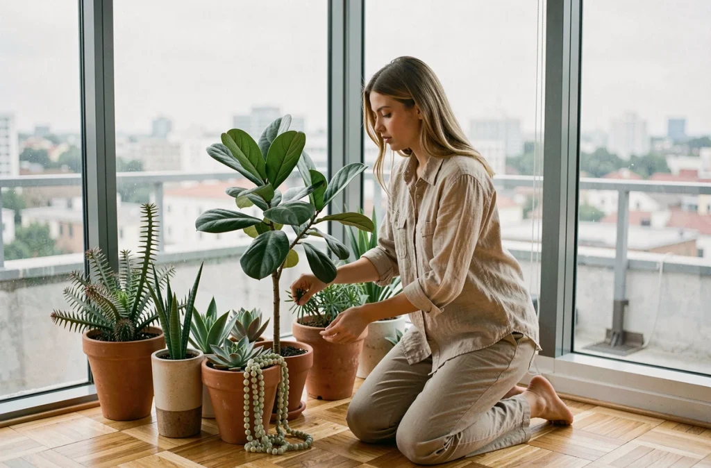Jeune femme disposant un ficus lyrata près d'une fenêtre dans un appartement minimaliste entouré de plantes en pot