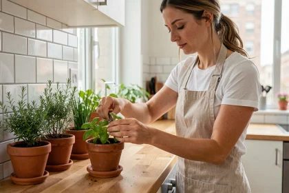 Femme qui taille du basilic dans un potager d'intérieur sur un rebord de fenêtre de cuisine urbaine