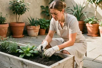 Femme qui entretient un potager surélevé en bois sur une terrasse ensoleillée