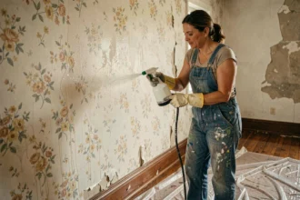 Femme en salopette appliquant un pulvérisateur sur du papier peint fleuri dans un salon en cours de rénovation