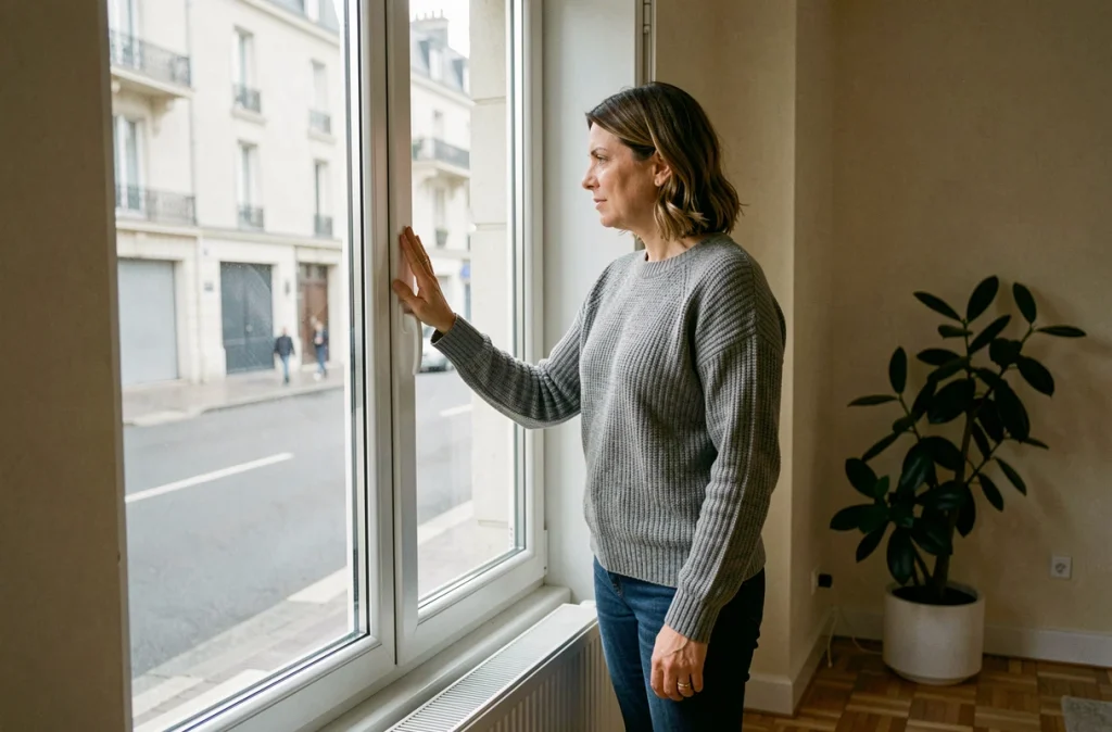 Femme inspectant une fenêtre triple vitrage moderne dans un appartement pour évaluer l'isolation thermique