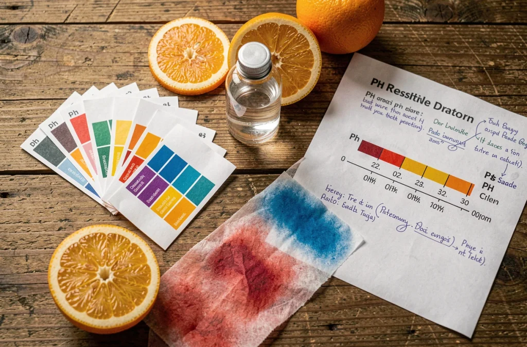 Vue de dessus d'une table en bois avec des bandelettes pH, du papier tournesol et des tranches d'agrumes illustrant l'équilibre acido-basique