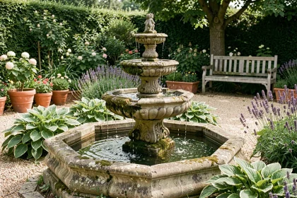 Fontaine de jardin en pierre calcaire avec eau en cascade, entourée de lavande et d'hostas dans un jardin à la française